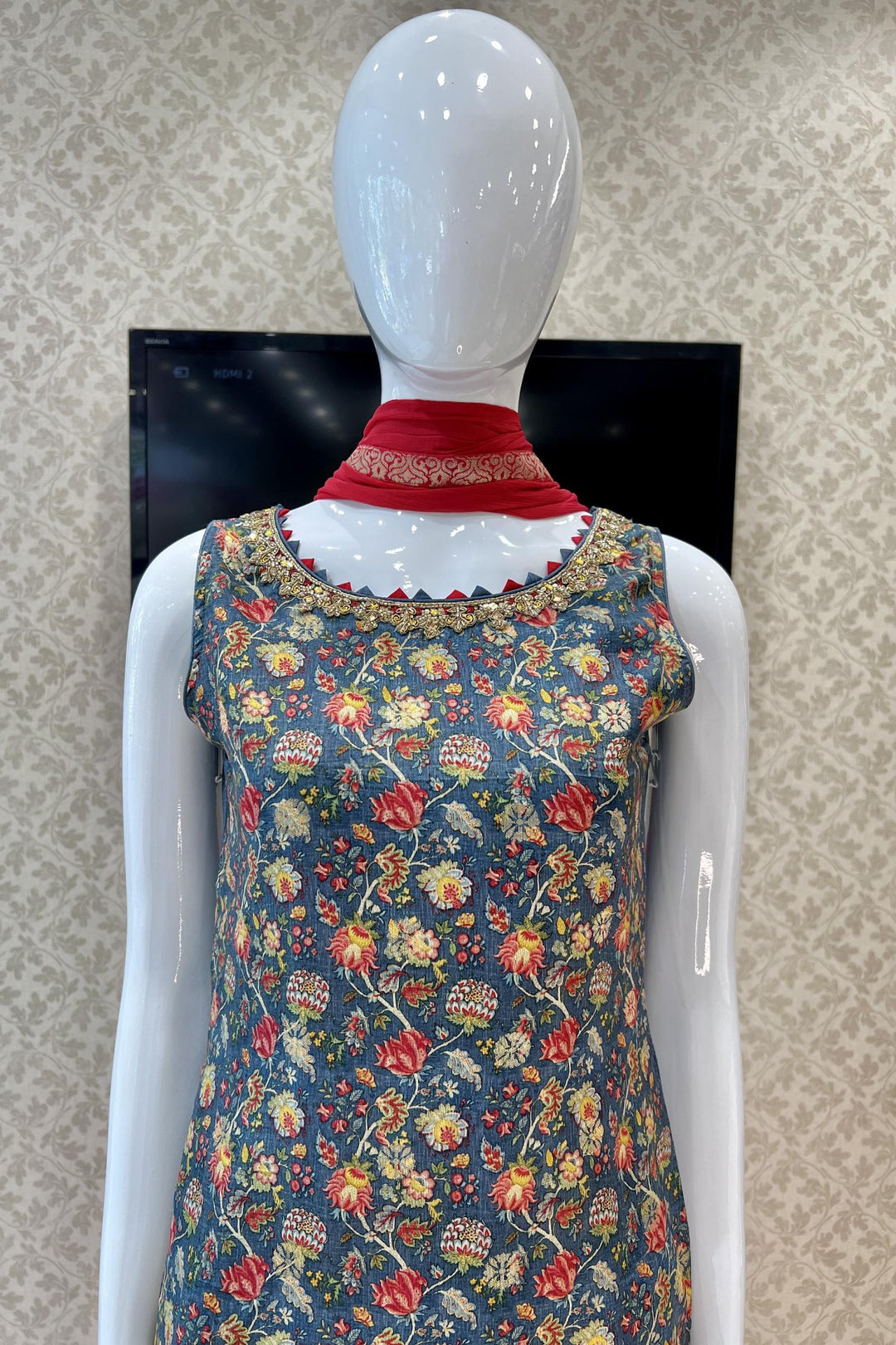 Grey Beads, Mirror and Zardozi work with Floral Print Straight Cut Salwar Suit - Seasons Chennai