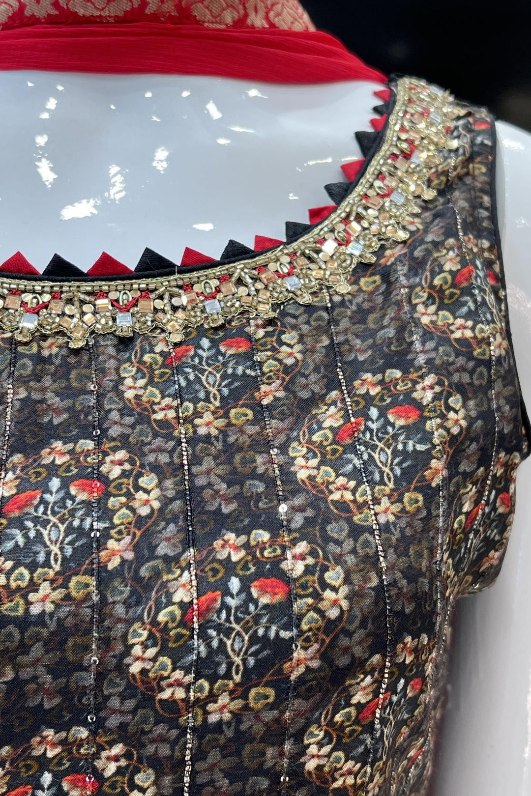 Black Mirror, Zari, Beads and Zardozi work with Floral Print Straight Cut Salwar Suit - Seasons Chennai