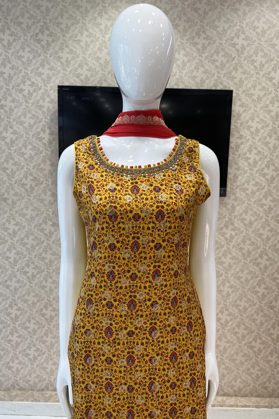 Mustard Digital Print, Zardozi, Mirror, Zari and Banarasi Floral Butta work Straight Cut Salwar Suit - Seasons Chennai