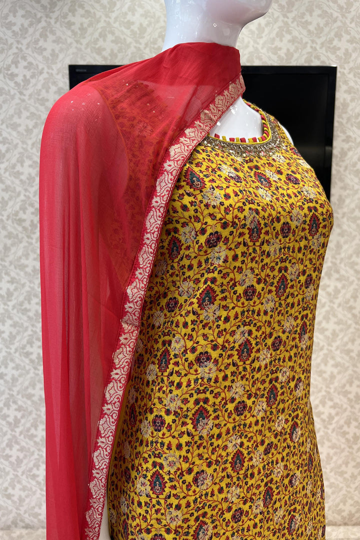 Mustard Digital Print, Zardozi, Mirror, Zari and Banarasi Floral Butta work Straight Cut Salwar Suit - Seasons Chennai