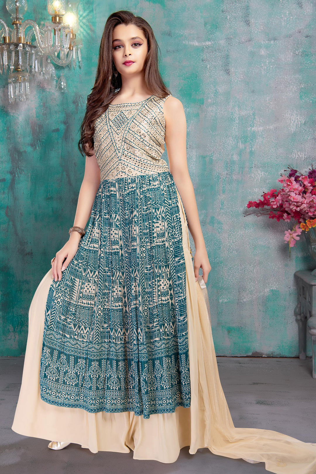 Cream with Blue Mirror, Thread and Sequins work with Digital Print Sharara Set for Girls - Seasons Chennai