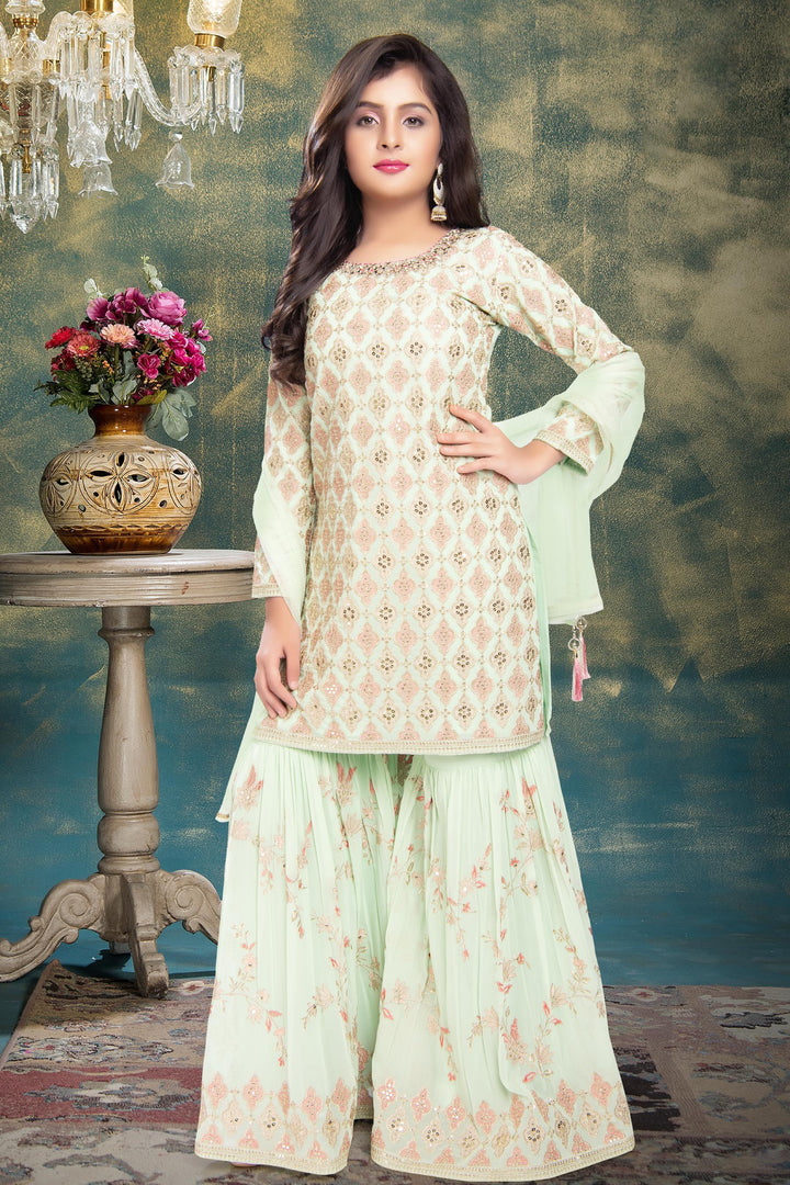 Pista Green Mirror, Sequins, Zari and Thread work for Girls Sharara Suit Set - Seasons Chennai