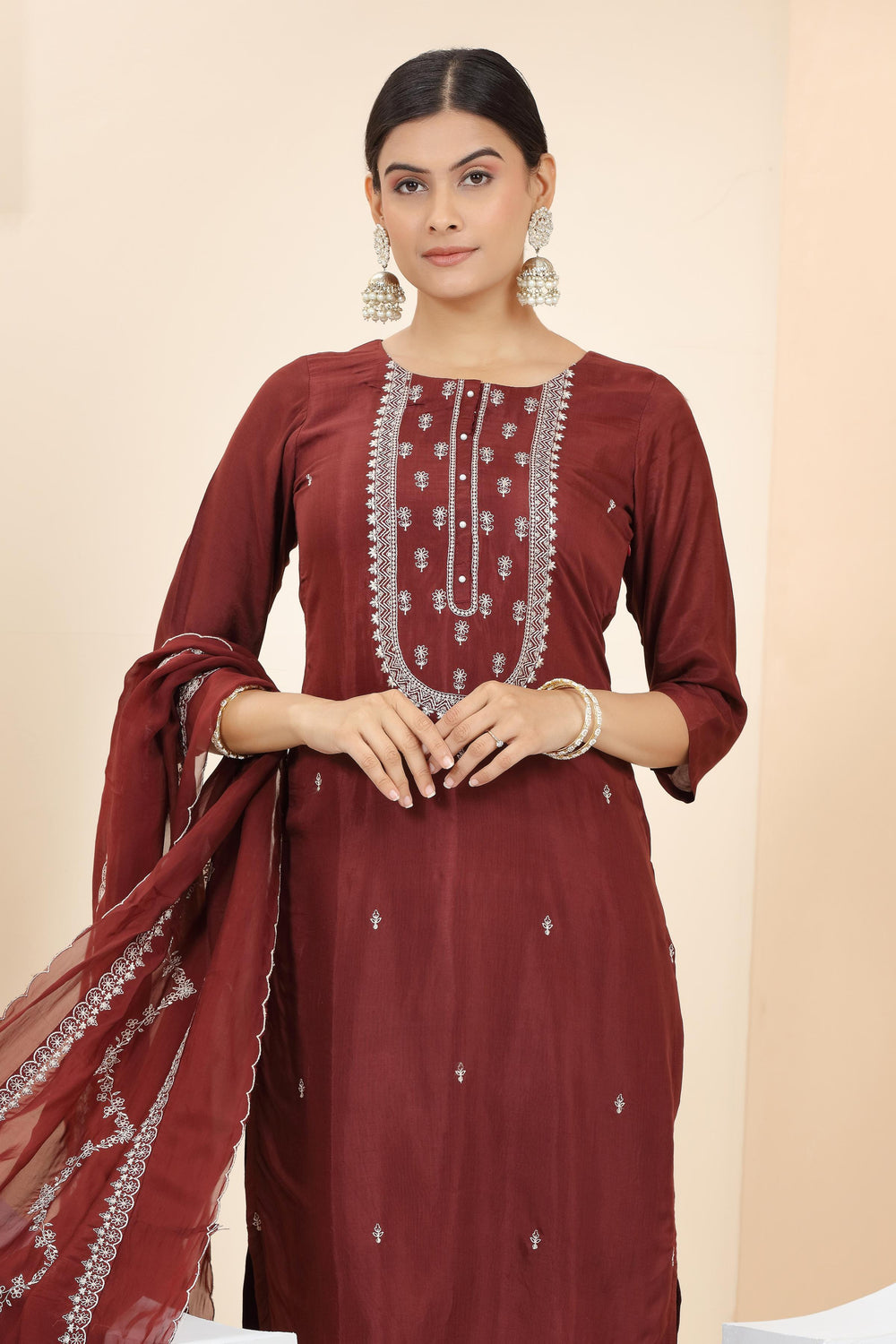 Maroon Thread and Sequins work Straight Cut Salwar Suit - Seasons Chennai