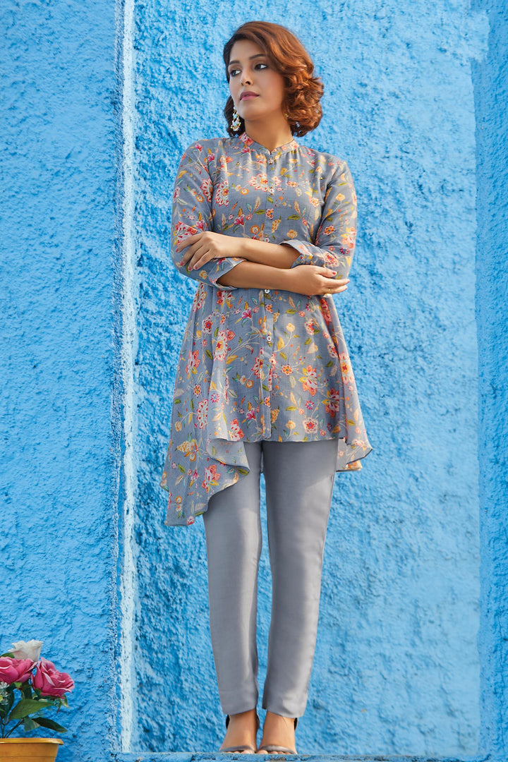 Greyish Blue Floral Print Straight Cut Salwar Suit - Seasons Chennai