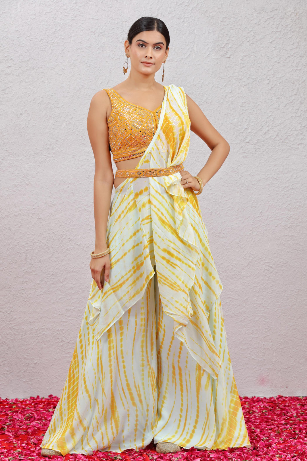 Yellow Tie and Dye Print, Mirror, Beads, Sequins and Stone work Crop Top Palazzo Set with Belt - Seasons Chennai