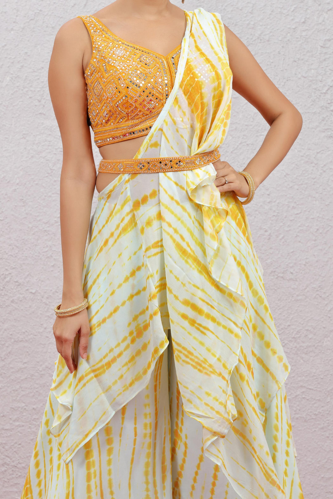 White & yellow tie and dye print viscose free size kaftan and palazzo set