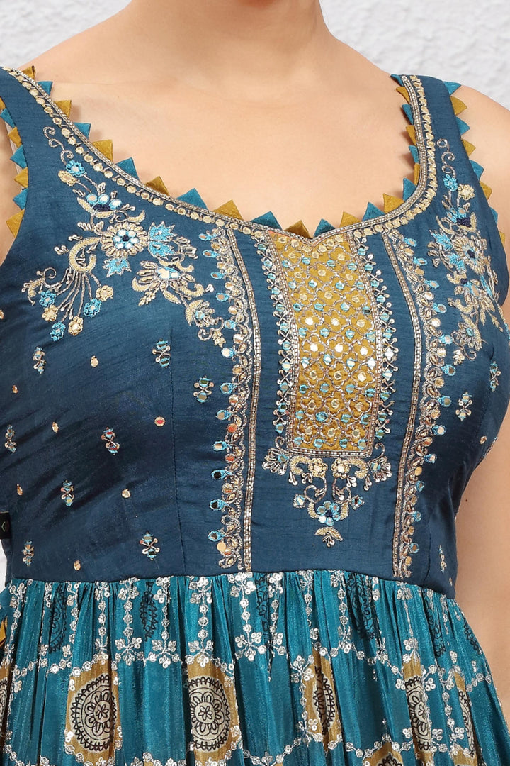 Blue with Mustard Digital Print, Mirror, Sequins and Zari work Salwar Suit with Palazzo Pants - Seasons Chennai