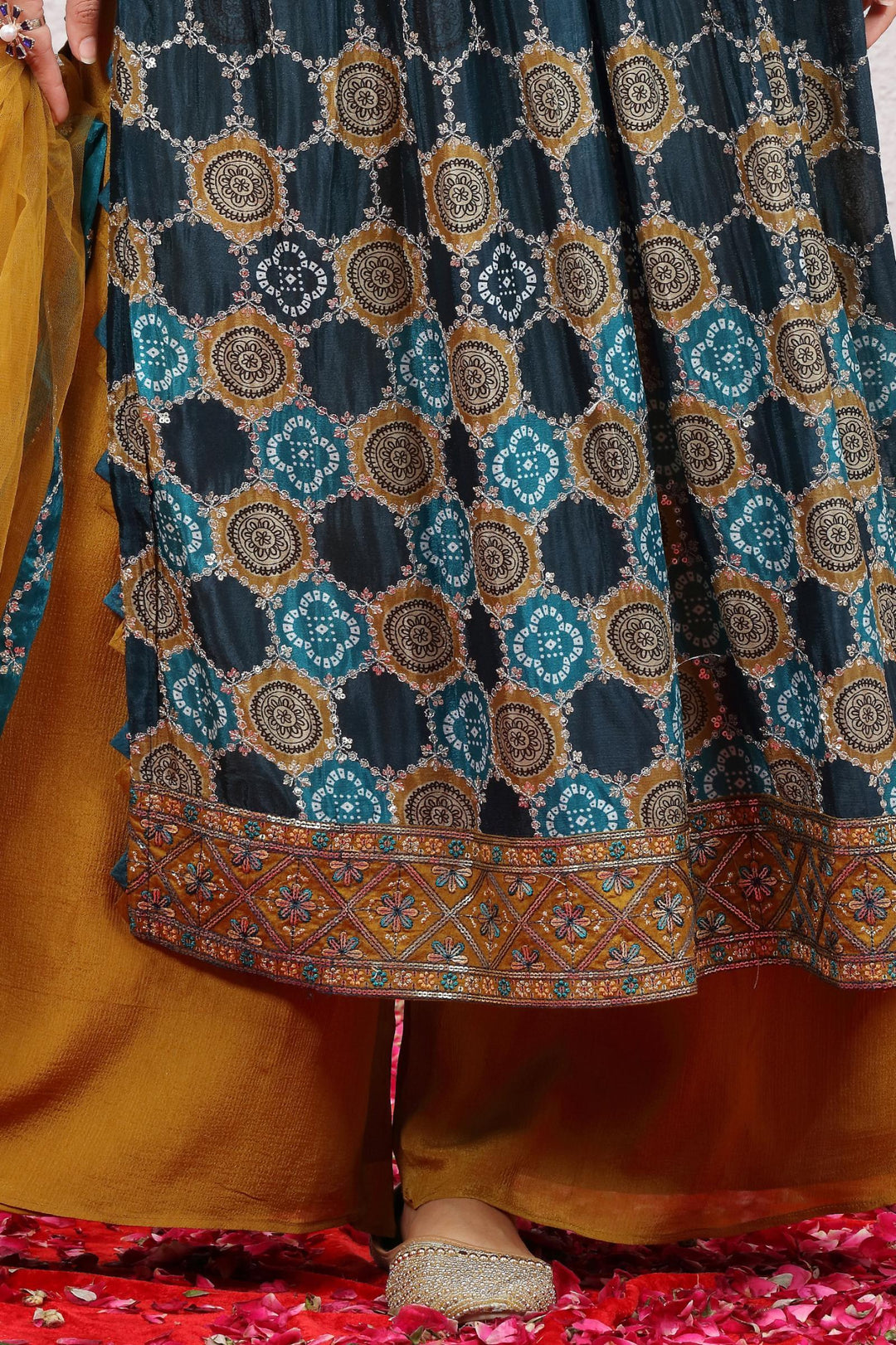 Blue with Mustard Digital Print, Mirror, Sequins and Zari work Salwar Suit with Palazzo Pants - Seasons Chennai