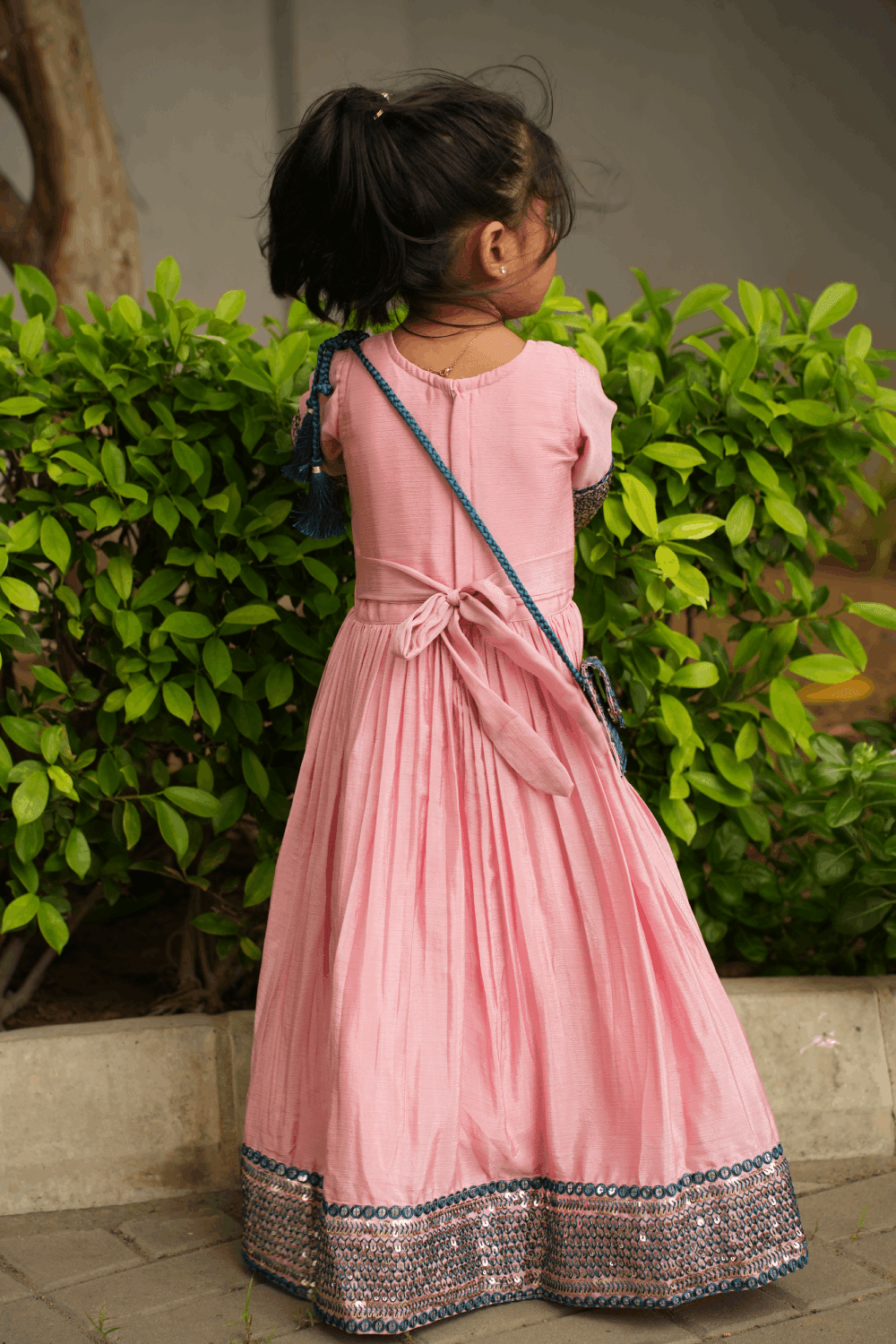 Peach Sequins Mirror Stone and Threadwork Long Party Gown for