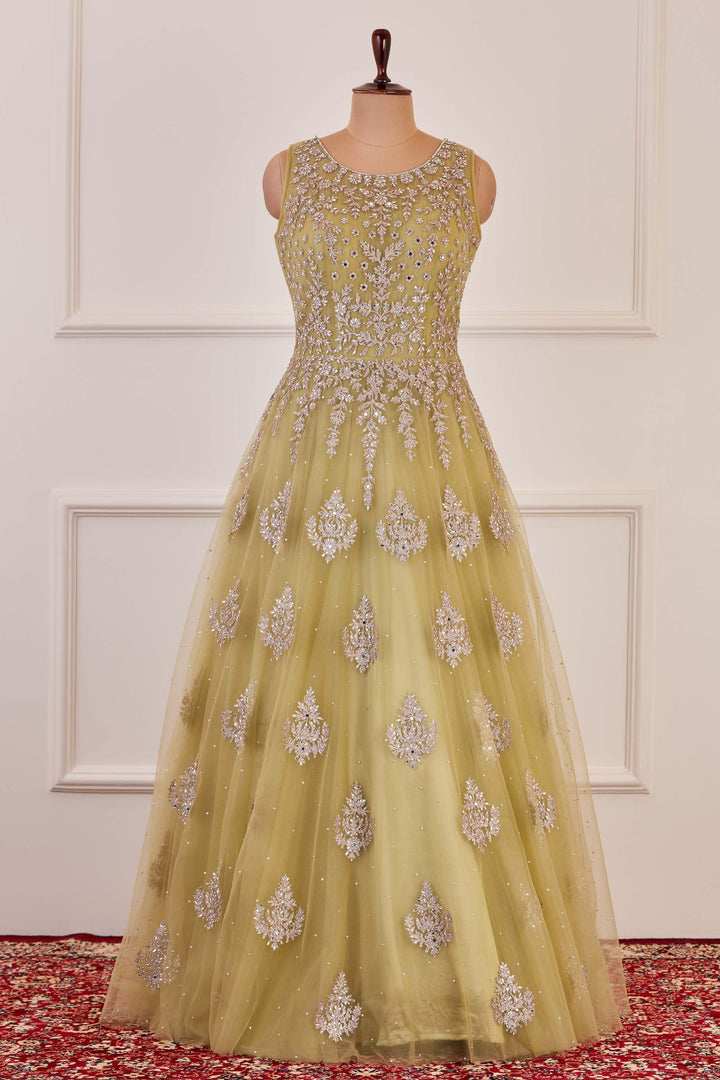 Light Pista Green Stone, Mirror and Silver Zari work Bridal and Partywear Gown - Seasons Chennai
