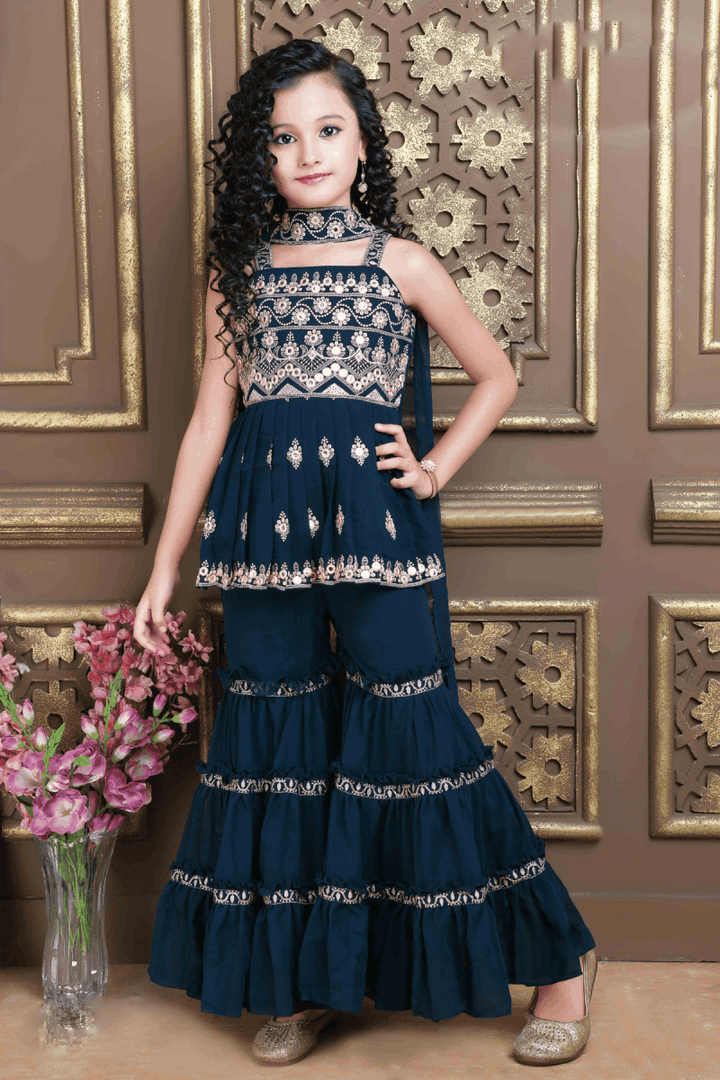 Peacock Blue Sequins and Embroidery work for Girls Sharara Suit Set - Seasons Chennai