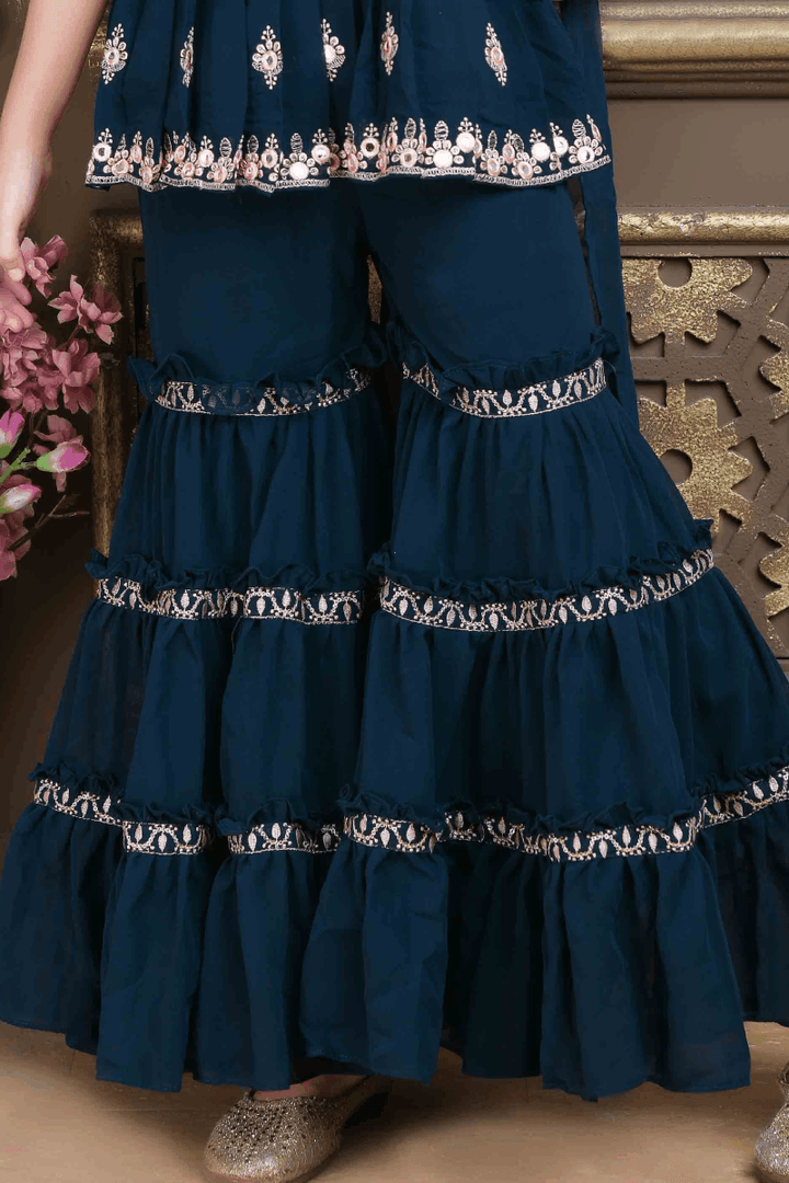 Peacock Blue Sequins and Embroidery work for Girls Sharara Suit Set - Seasons Chennai