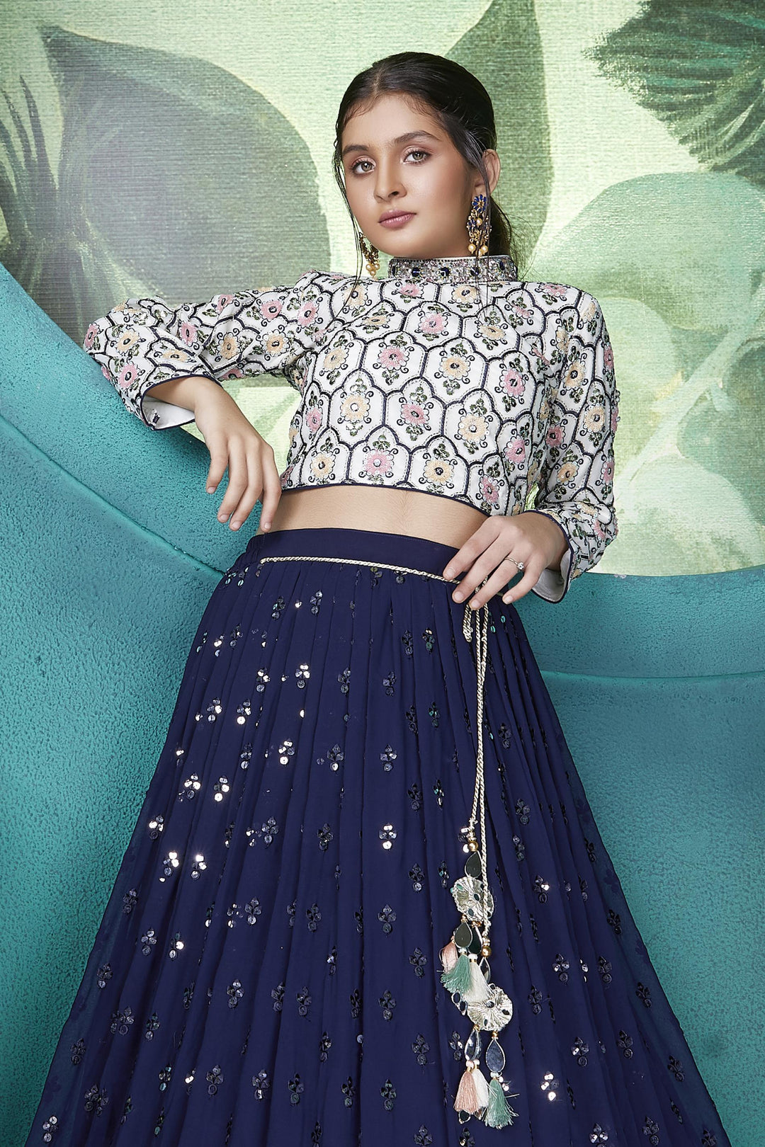 Cream with Navy Blue Sequins, Thread, Beads and Stone work Lehenga Choli for Girls - Seasons Chennai