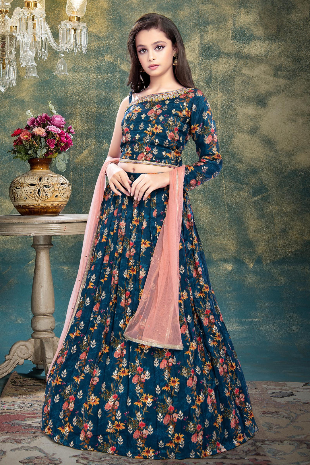 Peacock Blue Banaras, Mirror, Stone and Zardozi work with Floral Print Lehenga Choli for Girls - Seasons Chennai
