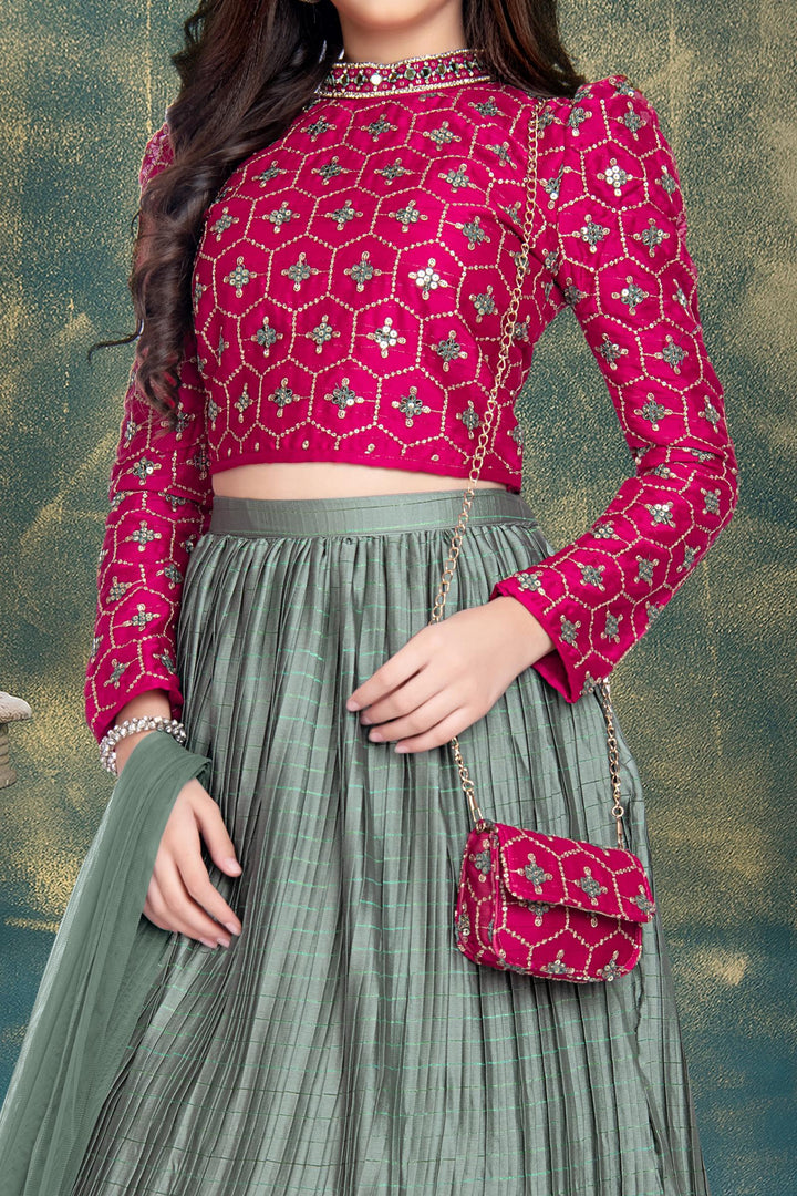 Red with Green Sequins, Zari, Stone, Mirror and Thread work Lehenga Choli for Girls - Seasons Chennai