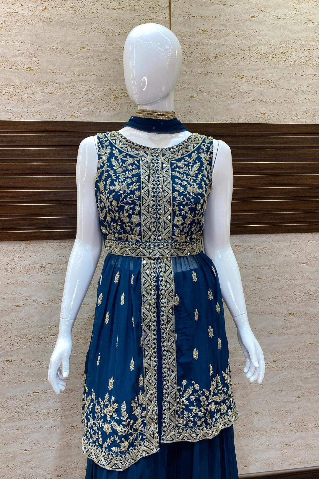 Peacock Blue Georgette Palazzo with Silver Zari Thread and Mirror work Top with Belt - 2