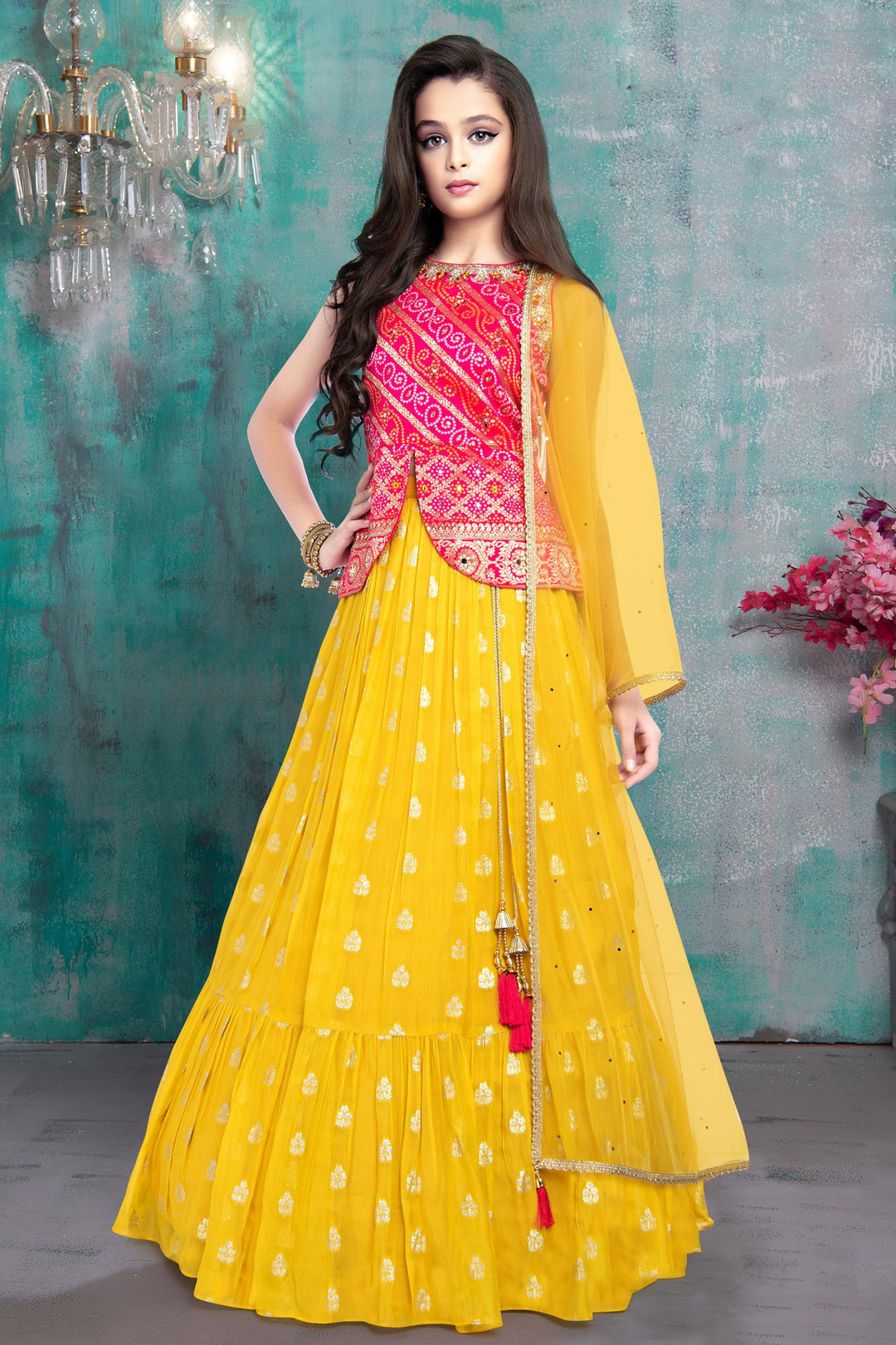 Pink with Yellow Bandini Print and Banaras work Lehenga Choli for Girls - Seasons Chennai