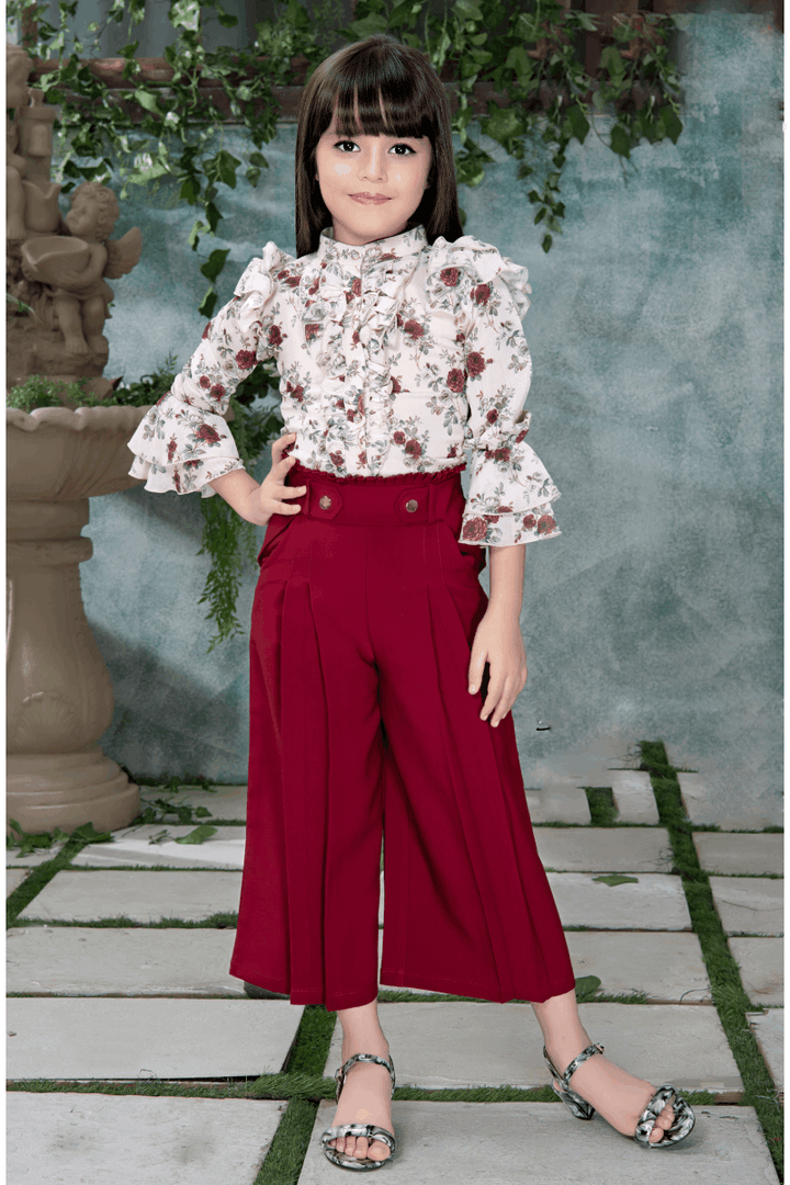 Maroon with Cream Floral Print Top with Culottes for Girls - Seasons Chennai