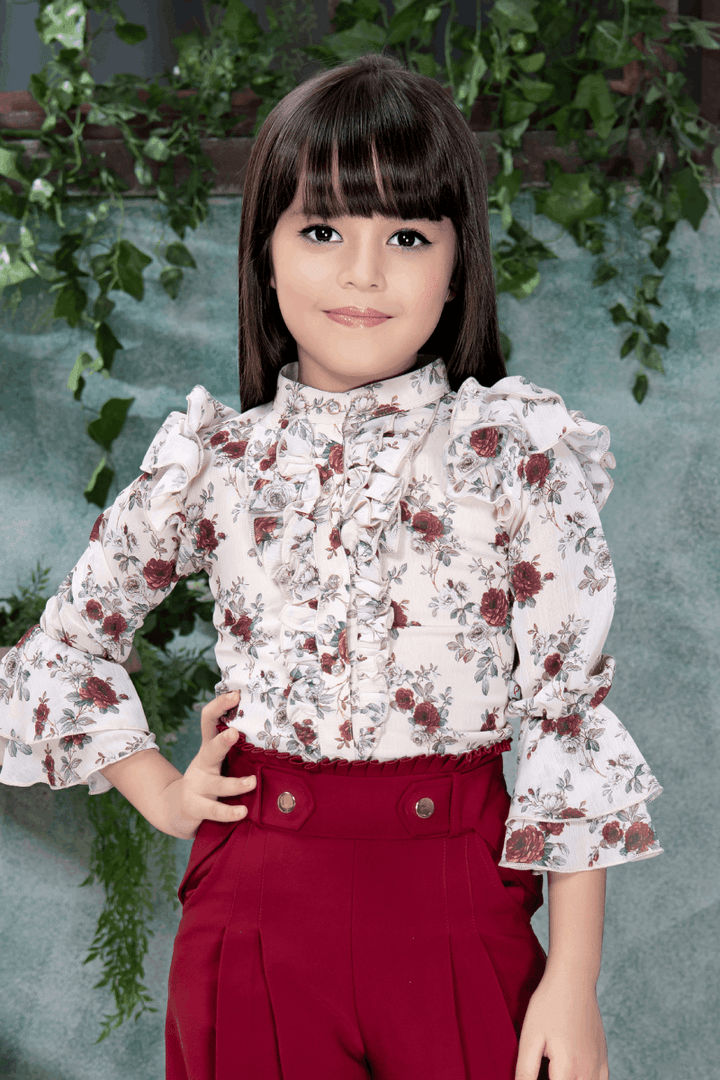 Maroon with Cream Floral Print Top with Culottes for Girls - Seasons Chennai