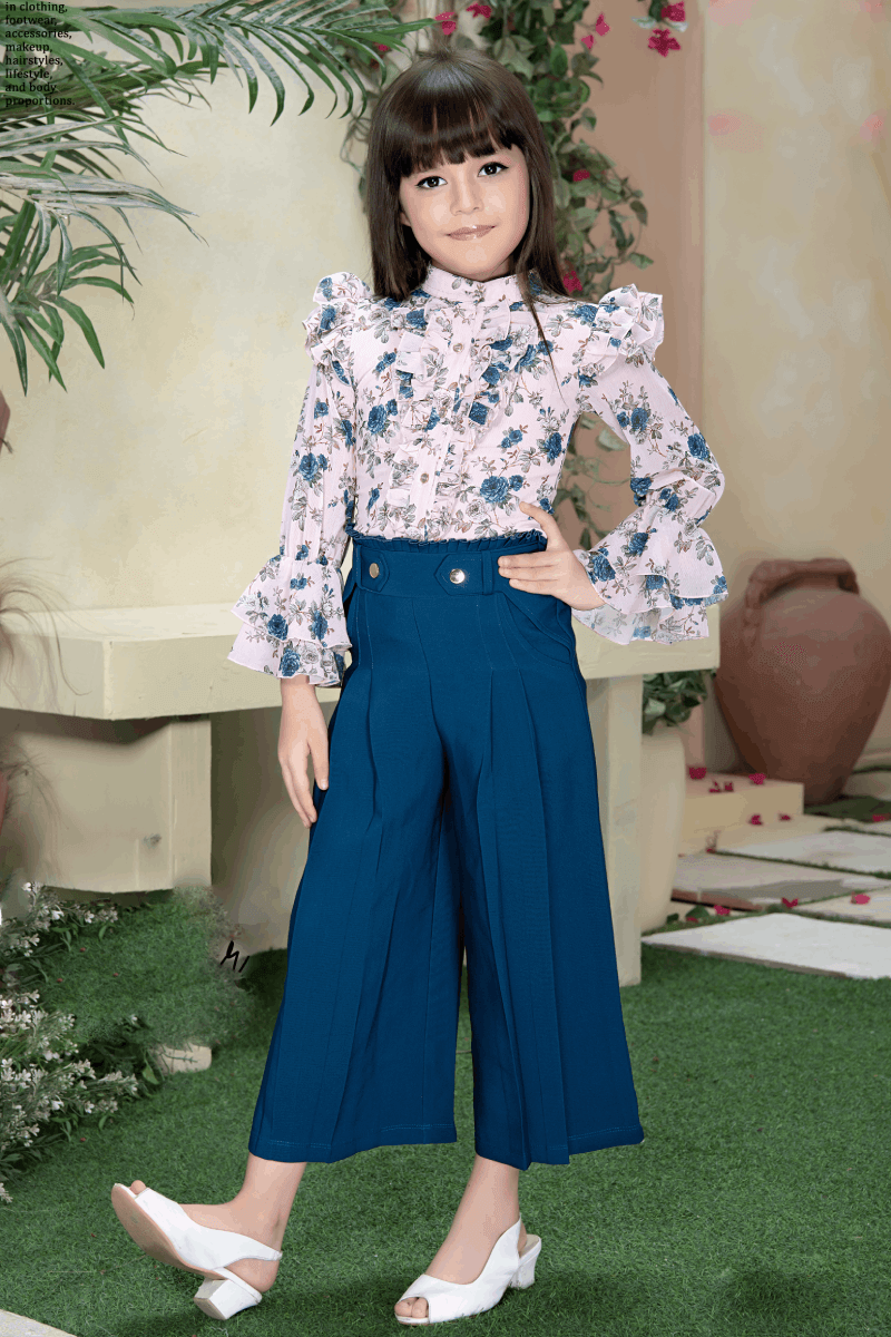 Blue with Cream Floral Print Top with Culottes for Girls - Seasons Chennai