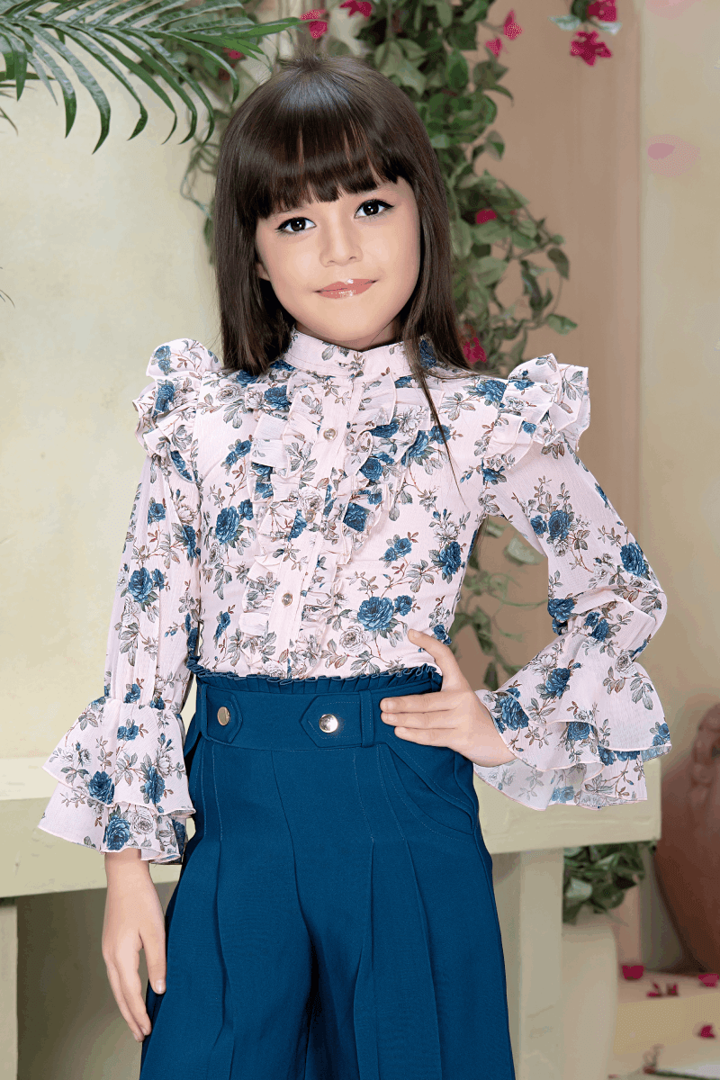 Blue with Cream Floral Print Top with Culottes for Girls - Seasons Chennai