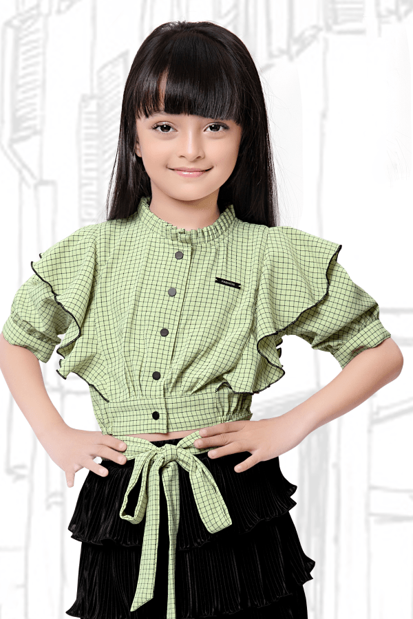 Green with Black Checked Printed Top and Divider Skirt for Girls - Seasons Chennai