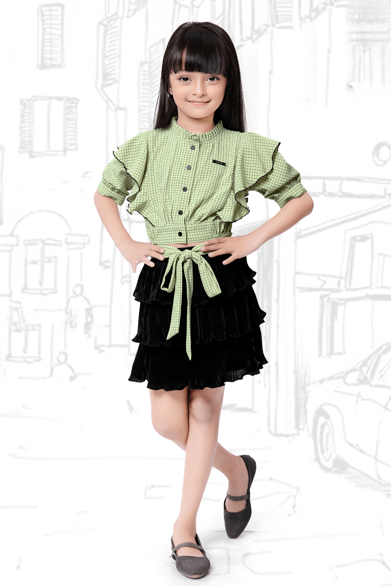 Green with Black Checked Printed Top and Divider Skirt for Girls - Seasons Chennai