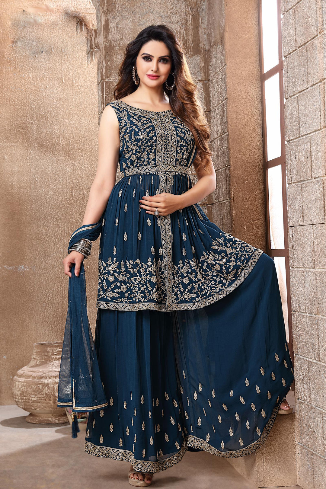 Peacock Blue Georgette Palazzo with Silver Zari Thread and Mirror work Top with Belt - SeasonsChennai