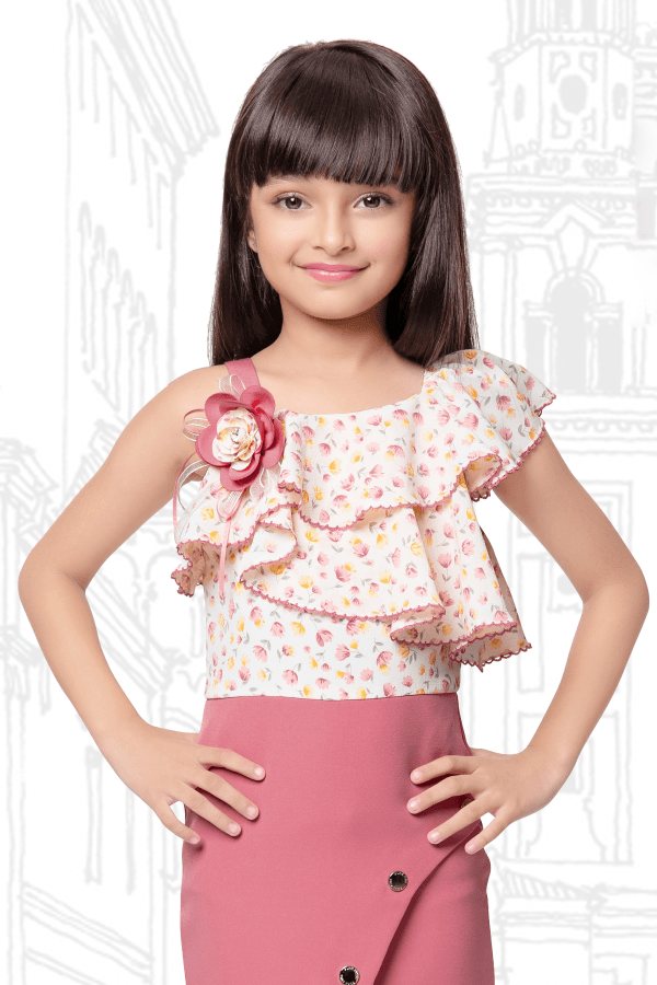 Cream with Pink Floral Print Knee Length Frock for Girls - Seasons Chennai