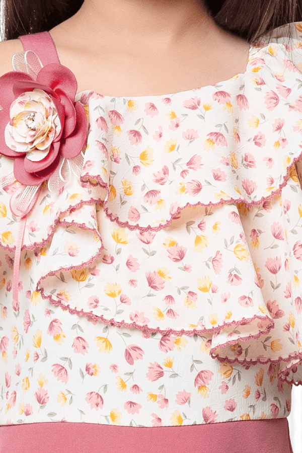 Pink Rose Print Satin Frock with Cream Fur Jacket for Girls â€“ Full Sleeves, Winter Party Wear