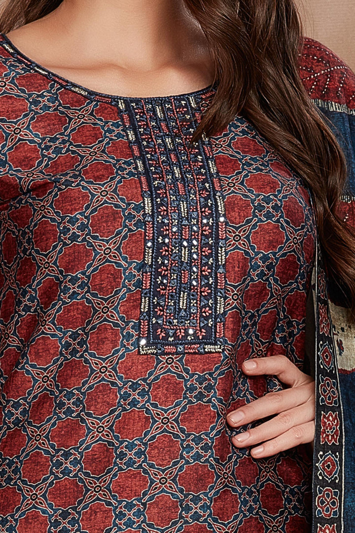 Maroon with Blue Digital Print, Thread and Zari work Straight Cut Salwar Suit - Seasons Chennai