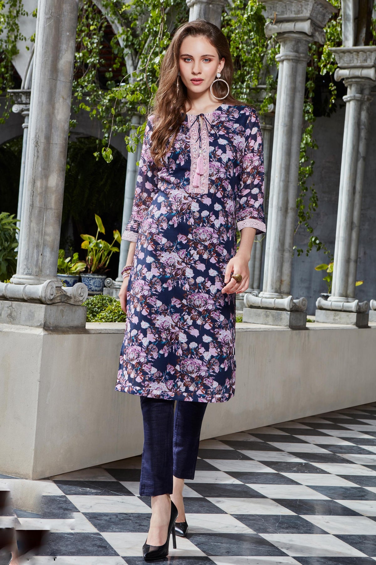 Yellow and grey floral printed lace kurta and palazzo  Set Of Two by  Kiswah Clothing  The Secret Label