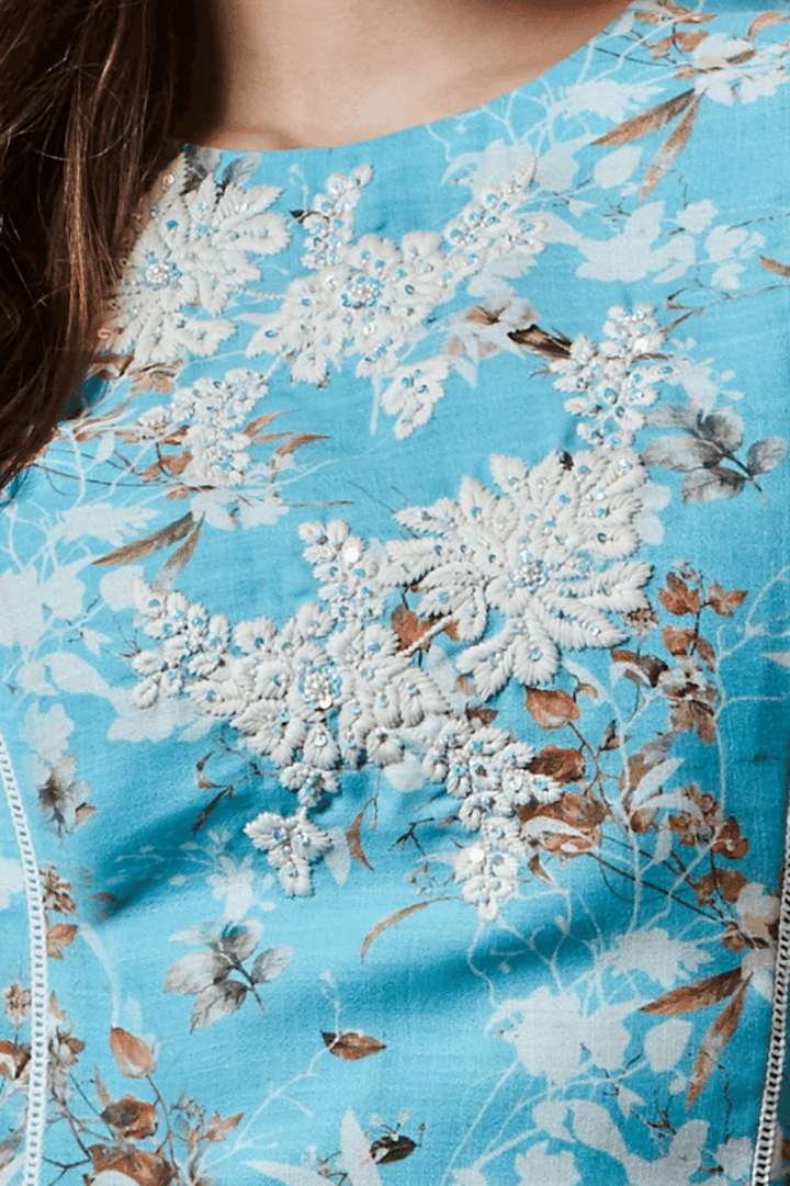 Blue Floral Print with White Thread Embroidery work Calf Length Kurti - Seasons Chennai