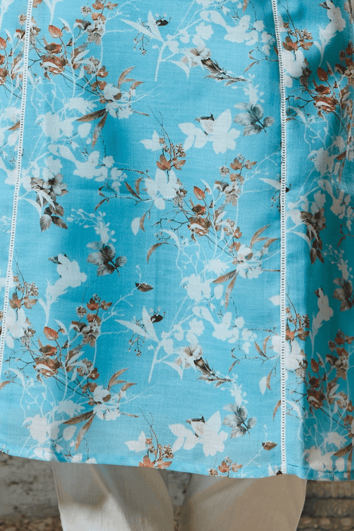 Blue Floral Print with White Thread Embroidery work Calf Length Kurti - Seasons Chennai