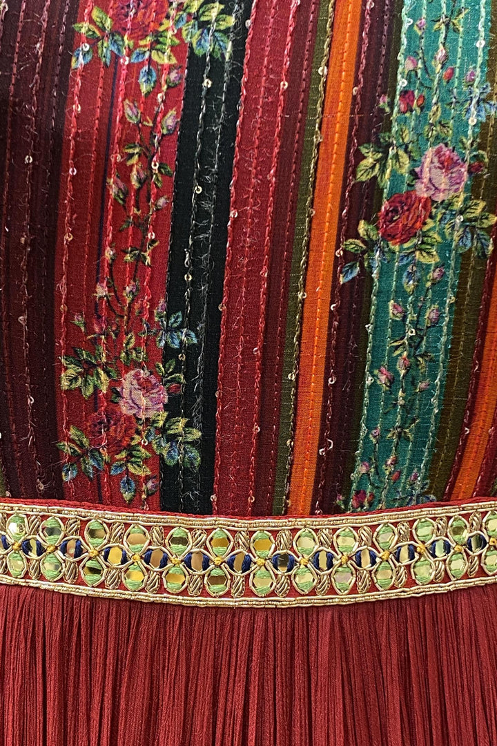 Maroon Stone, Mirror, Sequins and Thread work with Multicolor Print Floor Length Anarkali Suit - Seasons Chennai