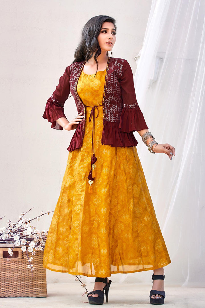 Mustard Yellow with Maroon Overcoat Sequins work Long Kurti - SeasonsChennai