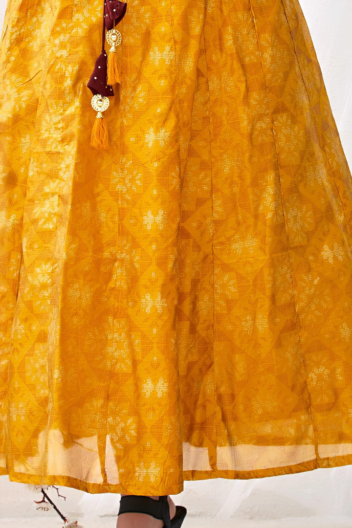 Mustard Yellow with Maroon Overcoat Sequins work Long Kurti - SeasonsChennai