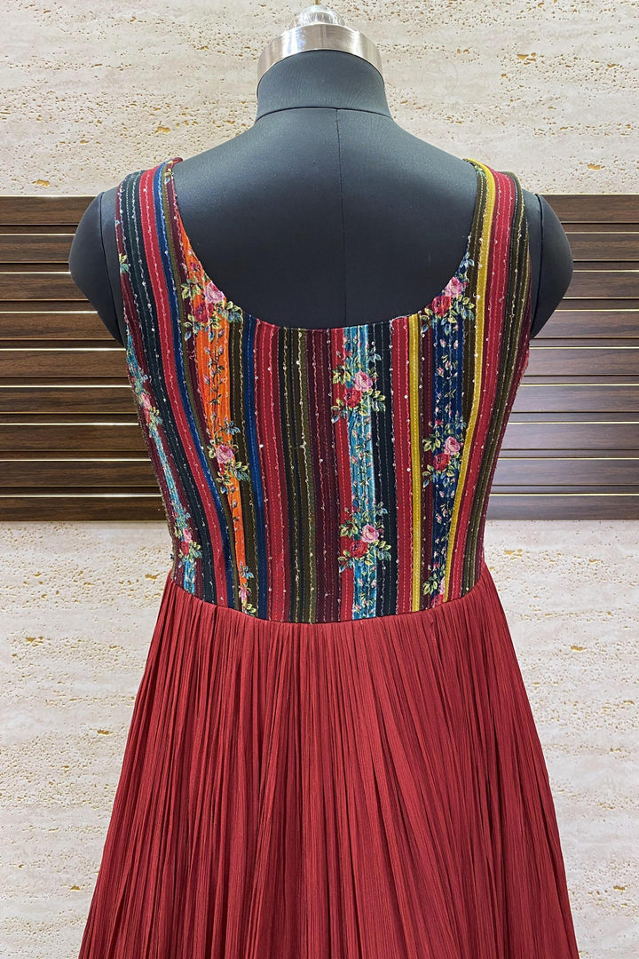 Maroon Stone, Mirror, Sequins and Thread work with Multicolor Print Floor Length Anarkali Suit - Seasons Chennai