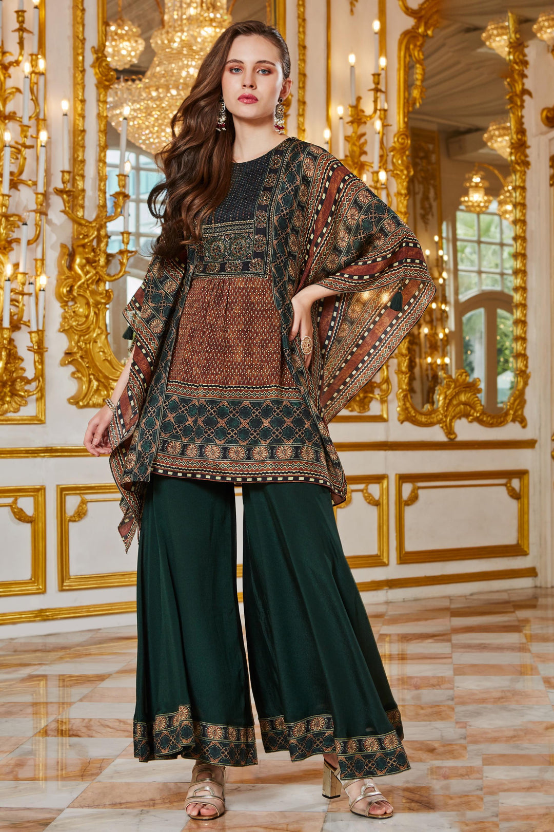 Brown with Bottle Green Kaftan Styled Printed Top with Palazzo Pants - Seasons Chennai