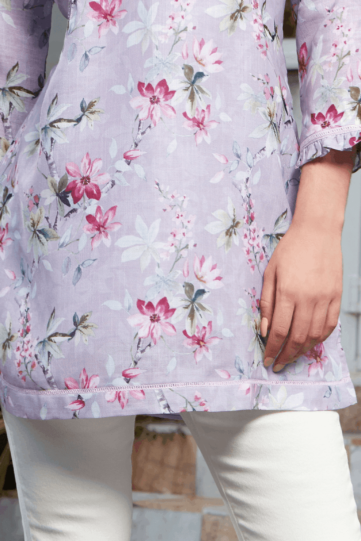 Lilac Floral Print and White Thread Embroidery work Short Kurti - Seasons Chennai