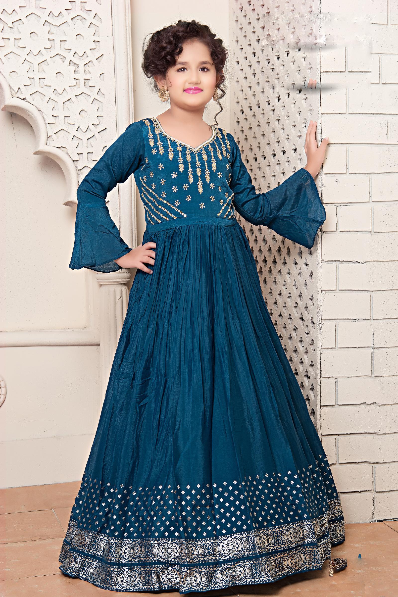 Green Gold Indian Ethnic Kids Designer Long Gown Party Wear 7 - 8 Year Girl  #27645 | Buy Kids Designer Gown Online