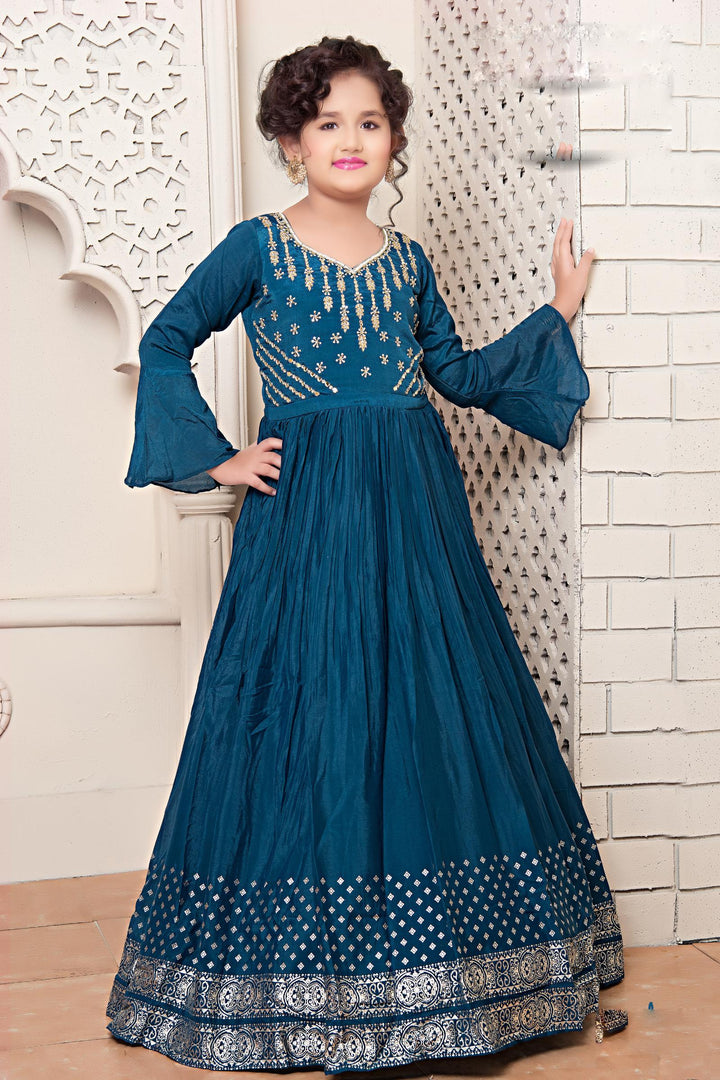 Peacock Blue Stone and Zarodsi work Long Gown for Girls - 1