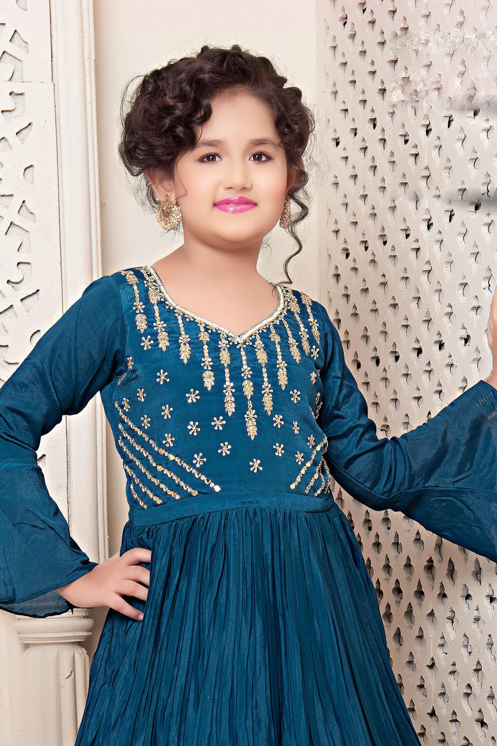 Peacock Blue Stone and Zarodsi work Long Gown for Girls - 2
