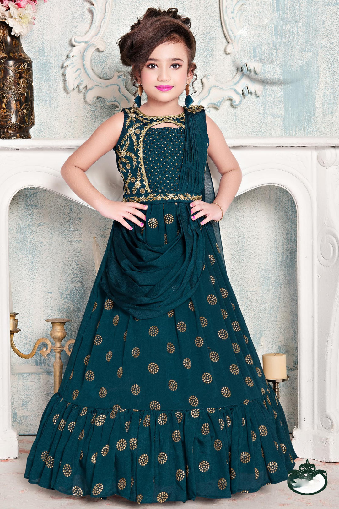 Peacock Blue Stone, Beads and Golden Zari work Long Party Gown for Girls - SeasonsChennai
