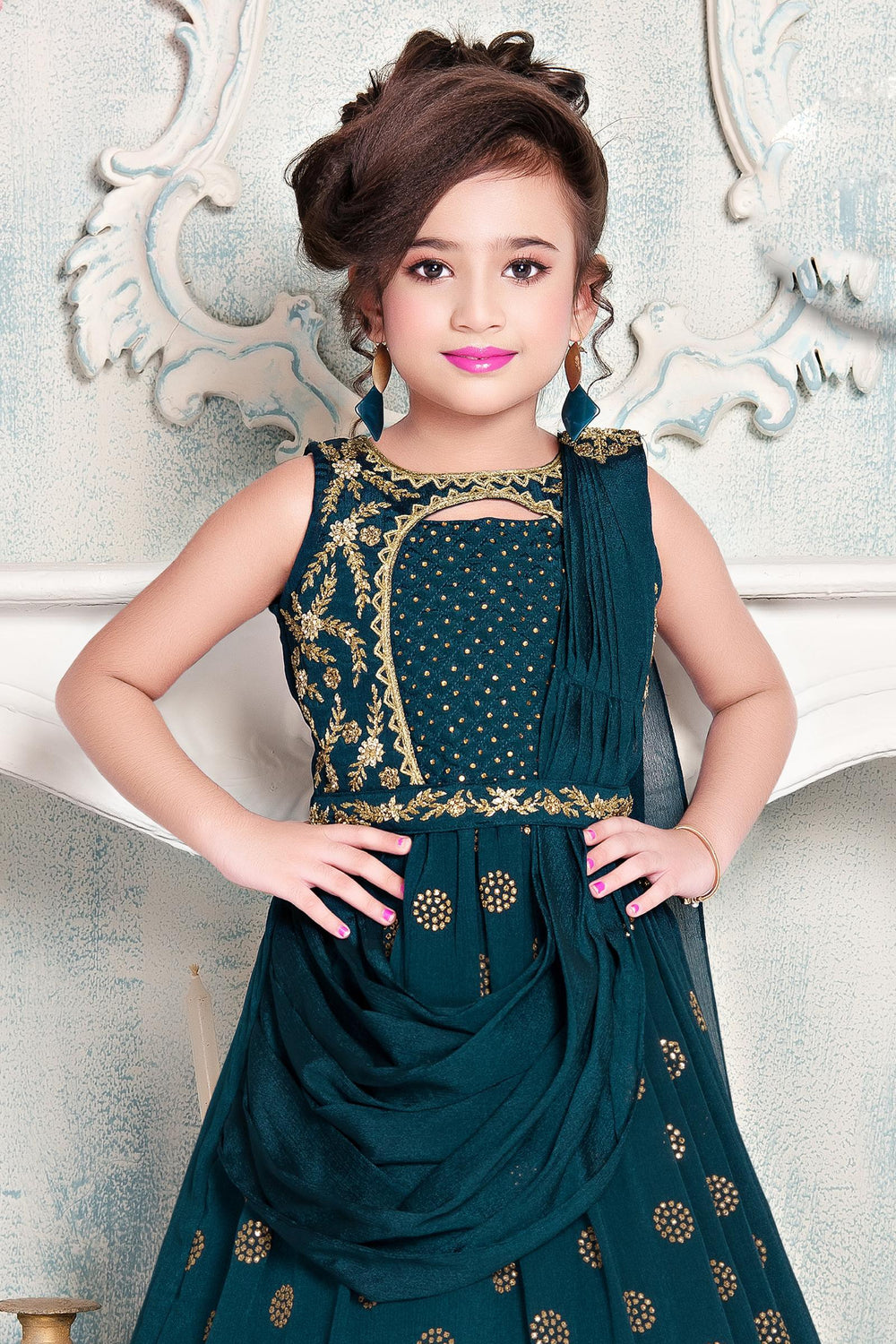 Peacock Blue Stone, Beads and Golden Zari work Long Party Gown for Girls - SeasonsChennai