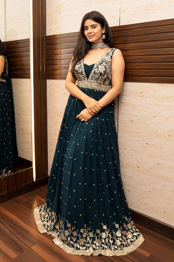 Peacock Blue Zardozi, Sequins, Mirror, Zari and Thread work Floor Length Anarkali Suit - Seasons Chennai