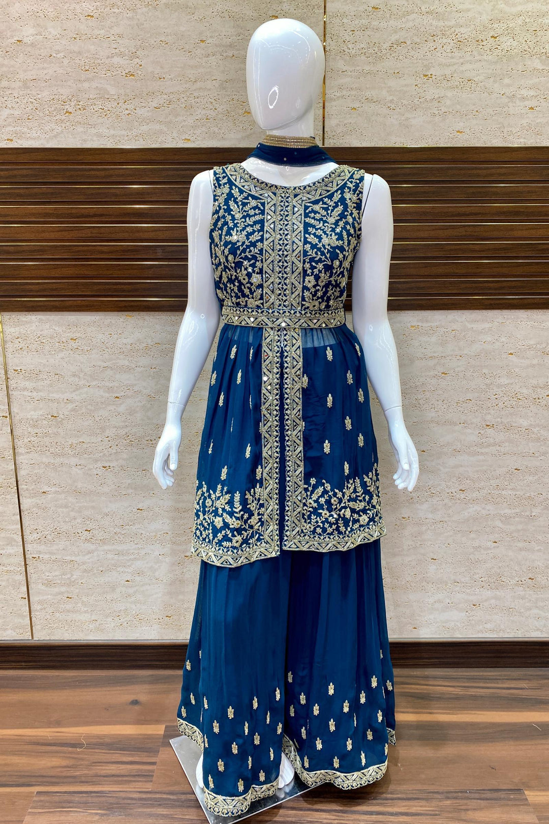 Peacock Blue Georgette Palazzo with Silver Zari Thread and Mirror work Top with Belt - 1