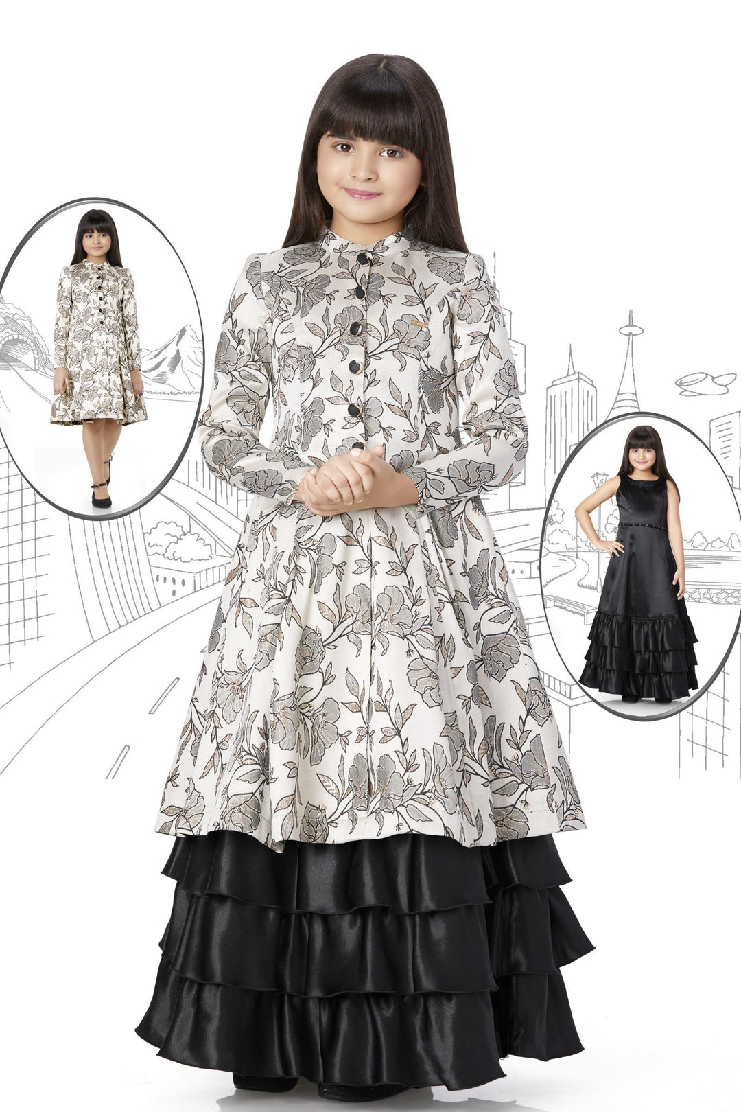 Black with Silver Foil Print Overcoat Styled Long Gown For Girls - SeasonsChennai