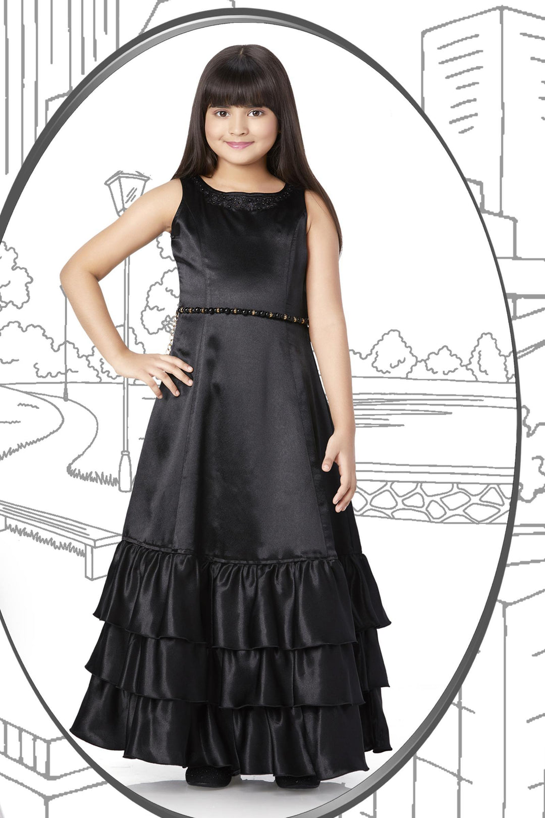 Black with Silver Foil Print Overcoat Styled Long Gown For Girls - SeasonsChennai