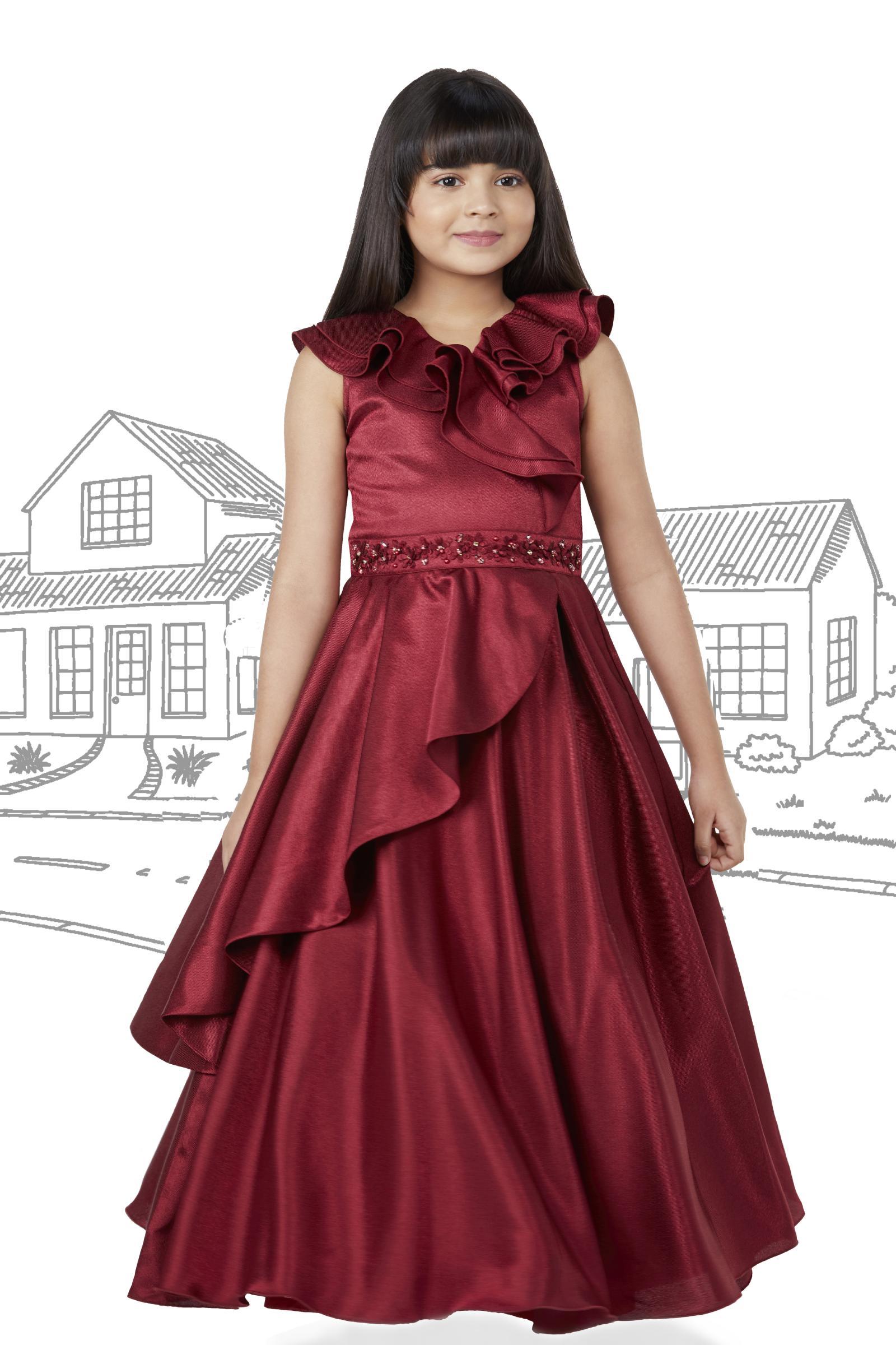 Elegant Maroon Satin Multi-layered Party Frock With Floral Embellishment  For Girls – Lagorii Kids